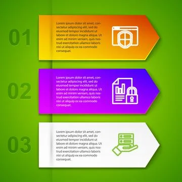 Set line Browser with shield, Document and lock, Server, Data, Web Hosting and Illustrazione stock