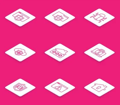 Set line Browser with shield, Document folder protection, System bug, Cloud.. Stock Illustration