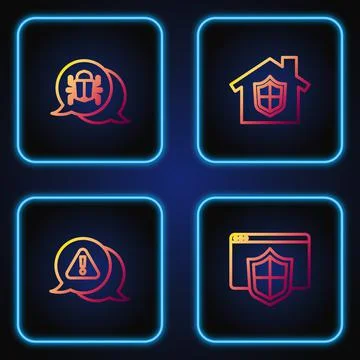 Set line Browser with shield, Exclamation mark in triangle, System bug and House Illustrazione stock