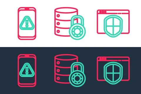 Set line Browser with shield, Mobile exclamation mark and Server security lock Stock Illustration