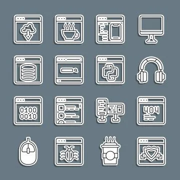 Set line Browser with shield, Page a 404 error, Headphones, Software, Search 스톡 일러스트