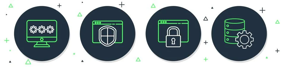 Set line Browser with shield, Secure your site HTTPS, SSL, Monitor password and Illustrazione stock