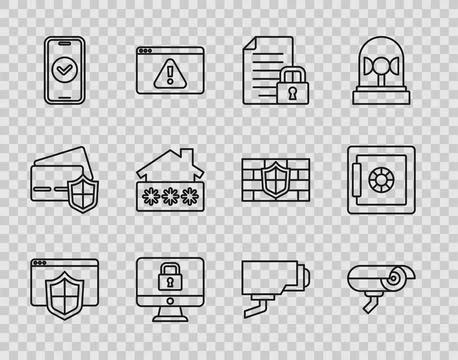Set line Browser with shield, Security camera, Document and lock, Lock on m.. Illustrazione stock