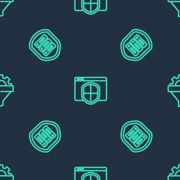 Set line Browser with shield, Server and Sales funnel gear on seamless pattern 스톡 일러스트