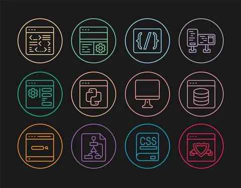 Set line Browser with shield, Server, Data, Web Hosting, Programming language Stock Illustration