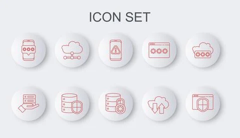 Set line Browser with shield, Server, Data, Web Hosting, Mobile exclamation mark イラスト素材