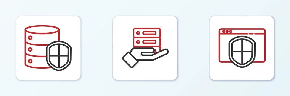 Set line Browser with shield, Server and Server, Data, Web Hosting icon. Vector Illustrazione stock