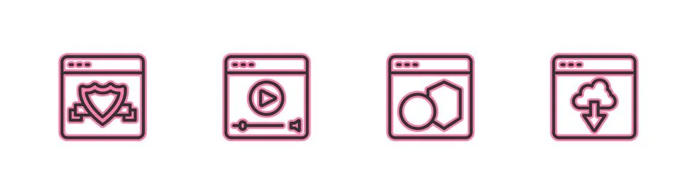 Set line Browser with shield, Software, Online play video and Cloud technology Illustrazione stock