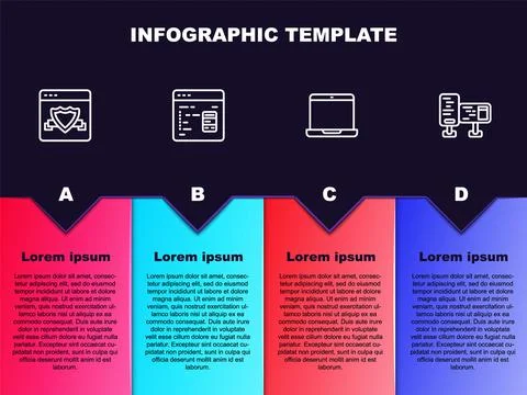 Set line Browser with shield, Software, Laptop and Computer monitor screen Stock Illustration