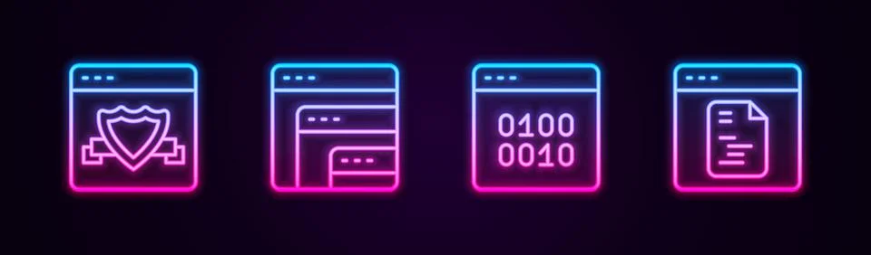 Set line Browser with shield, Software, Binary code and . Glowing neon icon Stock Illustration