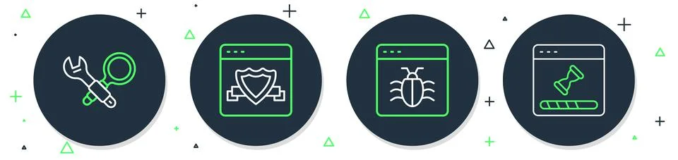Set line Browser with shield, System bug, Debugging and Loading data window icon Stock Illustration