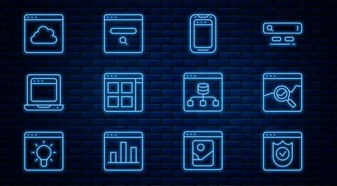Set line Browser with shield, Website stocks market, Mobile phone, files, L.. Stock Illustration