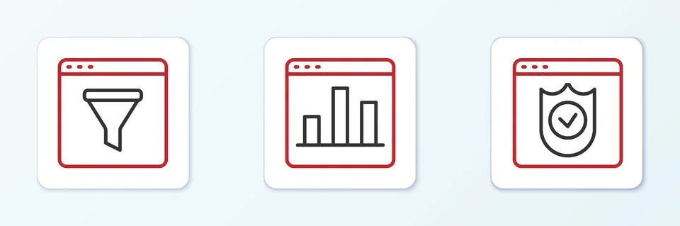 Set line Browser with shield, window and Graph chart infographic icon. Vector Stock Illustration