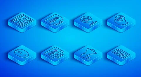 Set line Browser window, Advertising, Map pointer with star, Megaphone, Computer Stockillustratie