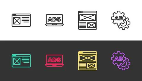 Set line Browser window, Advertising, and on black and white. Vector Stock Illustration