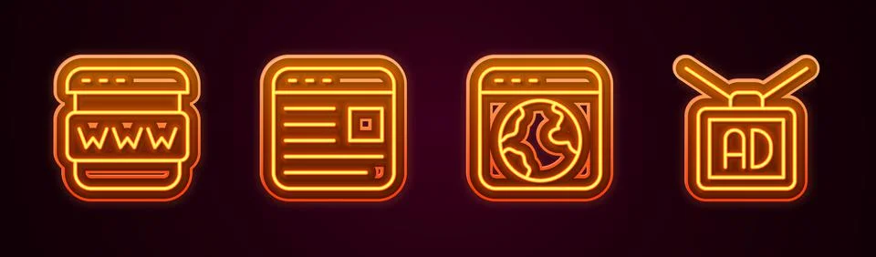 Set line Browser window, Advertising, Worldwide and . Glowing neon icon. Vector Stockillustratie