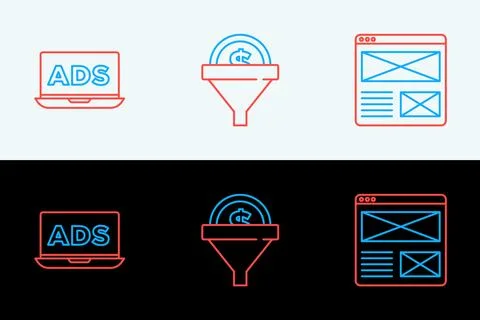 Set line Browser window, Advertising and Lead management icon. Vector Stock Illustration