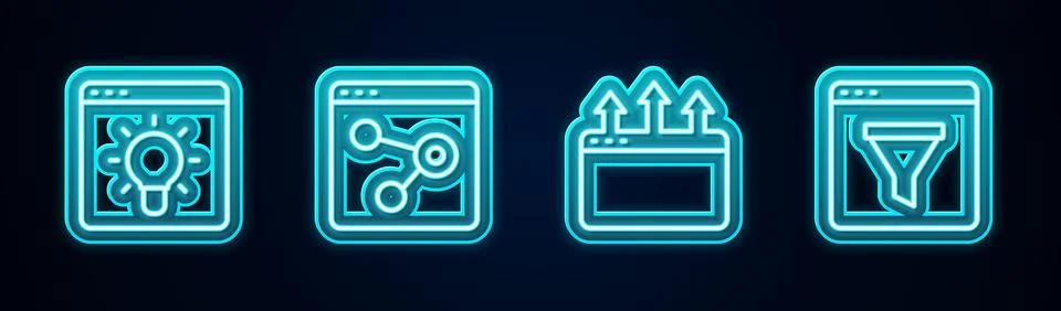 Set line Browser window,  and . Glowing neon icon. Vector Stock Illustration