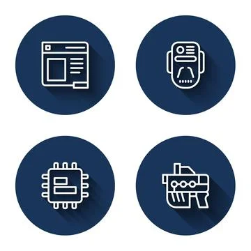Set line Browser window, Artificial intelligence robot, Processor CPU and 스톡 일러스트