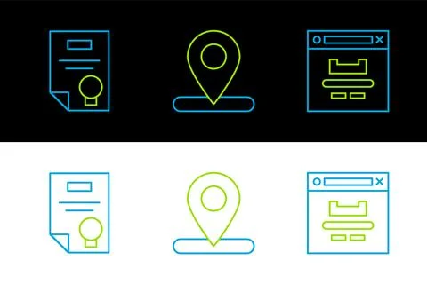 Set line Browser window, Certificate template and Location icon. Vector 库存插图