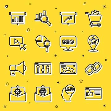 Set line Browser window, Chain link, Map pointer with star, Board graph chart Illustrazione stock