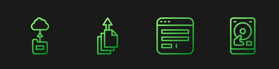 Set line Browser window, Cloud technology data transfer, Data export and Hard Stock Illustration