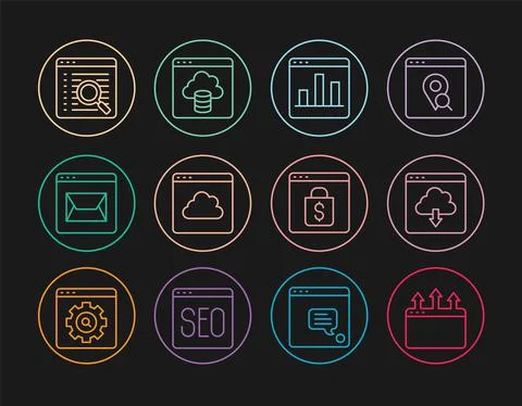 Set line Browser window, Cloud download, Graph chart infographic, technology Stock Illustration