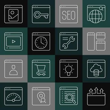 Set line Browser window, Cloud technology data transfer, SEO optimization Ilustración de archivo