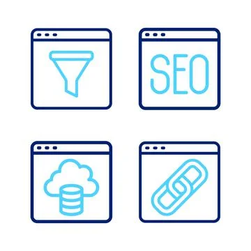 Set line Browser window, Cloud technology data transfer, SEO optimization and Illustrazione stock