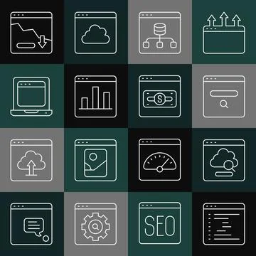 Set line Browser window, Cloud technology data transfer, Search engine, Server Stock Illustration