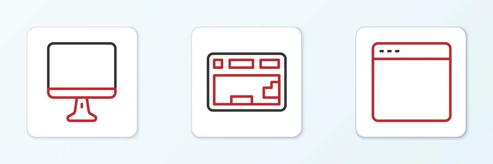 Set line Browser window, Computer monitor screen and Keyboard icon. Vector Stock Illustration