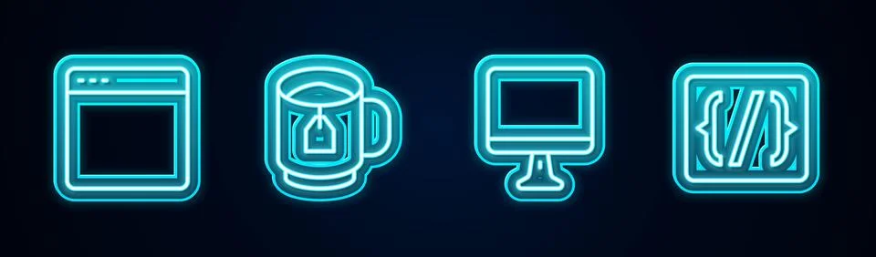 Set line Browser window, Cup of tea with tea bag, Computer monitor screen a.. Stock Illustration