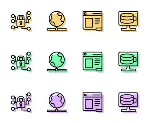 Set line Browser window, Cyber security, Global technology and Cloud database Stock Illustration