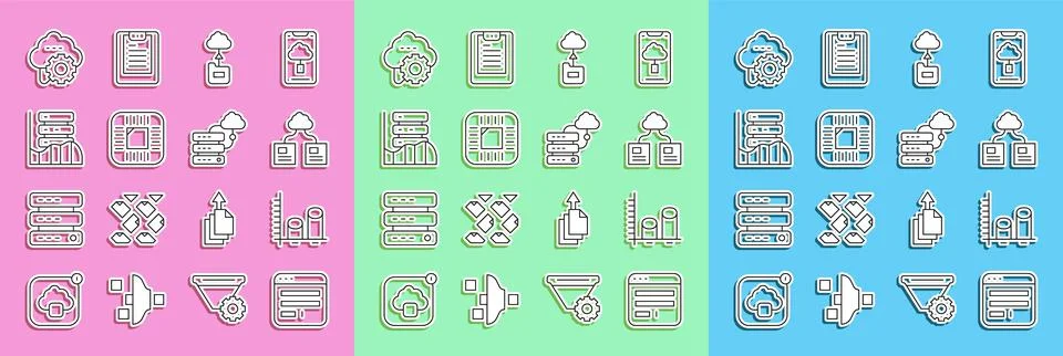 Set line Browser window, Data analysis, Cloud technology data transfer Illustrazione stock