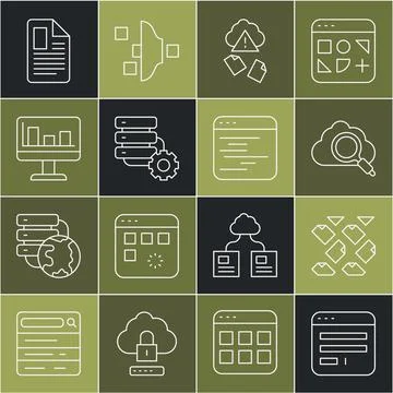 Set line Browser window, Data stream, Search cloud computing, Cloud hacking.. Illustrazione stock