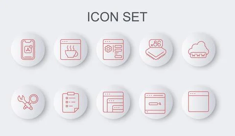 Set line Browser window, Debugging, setting, Search engine, Mobile Apps, Soft Illustrazione stock