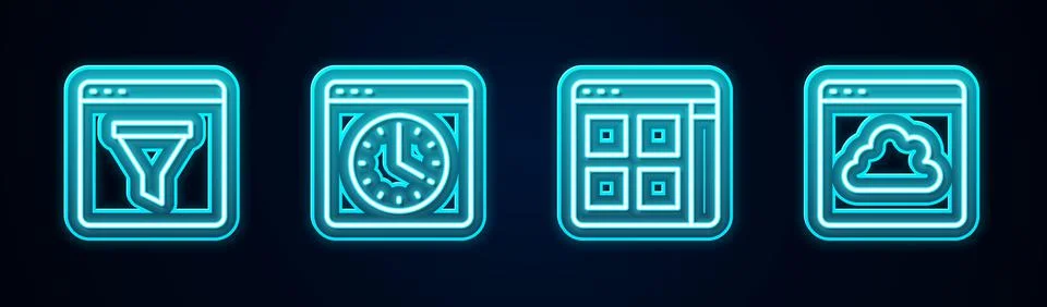 Set line Browser window, files and Cloud technology data transfer. Glowing neon Stock Illustration