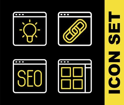 Set line Browser window, files, SEO optimization and  icon. Vector Stock Illustration