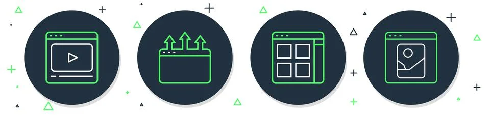 Set line Browser window, files, Online play video and Photo retouching icon.. Illustrazione stock