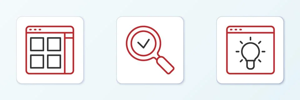 Set line Browser window, files and Magnifying glass with check mark icon. V.. 库存插图