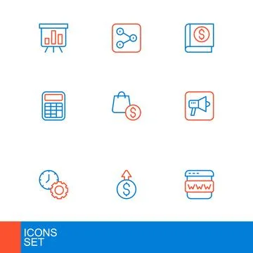 Set line Browser window, Financial growth dollar, Time management, Megaphon.. Stock Illustration