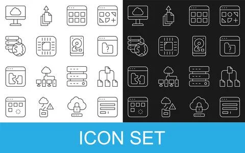 Set line Browser window, Folder tree, File missing, files, Processor with C.. Illustrazione stock