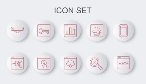 Set line Browser window, Graph chart infographic, Magnifying glass and delete Illustration