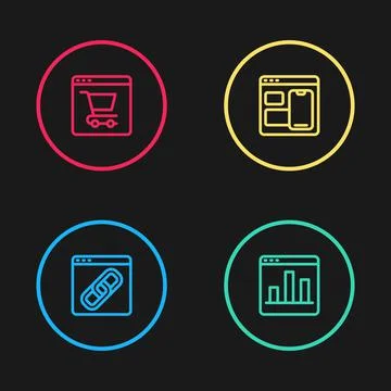 Set line Browser window, Graph chart infographic, Web developer programming code Stock Illustration