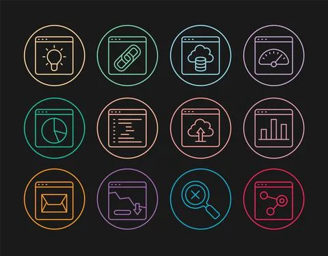 Set line Browser window, Graph chart infographic, Cloud technology data transfer Illustrazione stock