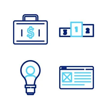Set line Browser window, Head with lamp bulb, Business podium and Briefcase.. イラスト素材