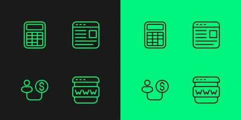 Set line Browser window, Human and money, Calculator and Advertising icon Stock Illustration