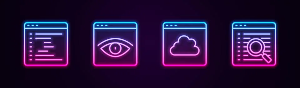 Set line Browser window, incognito, Cloud technology data transfer and Search Stock Illustration