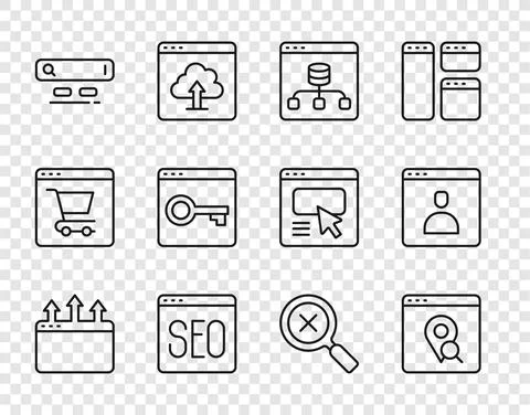 Set line Browser window, Infographic of city map, Server, Data, SEO optimization Illustration