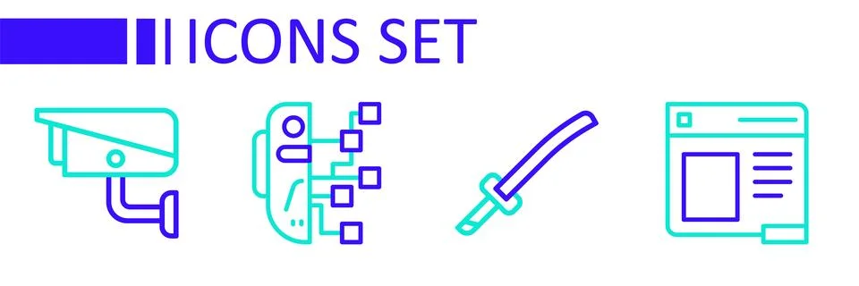 Set line Browser window, Katana, Humanoid robot and Security camera icon. V.. Stock Illustration